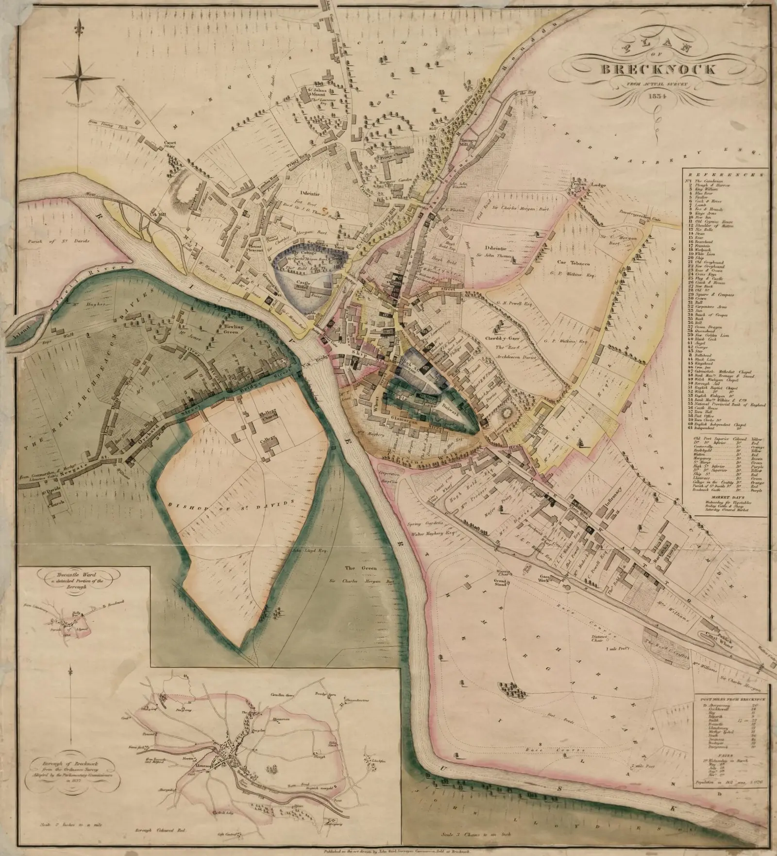An 1834 hand-coloured plan of the town of Brecknock, with streets, river and a key of buildings